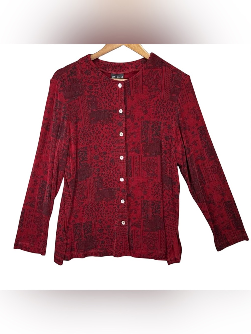 Vintage 90s Slinky Knit Button Down Shirt Medium Black Red Whimsigoth Stretch